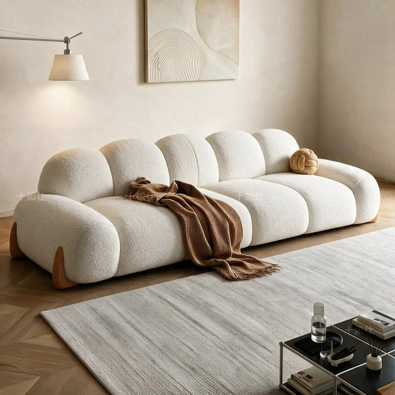 Nordic Flannelette Sofa Wood Legs Seater Fabric Curved Straight Sofa Wooden Minimalist Poltrona Living Room Furniture For Home