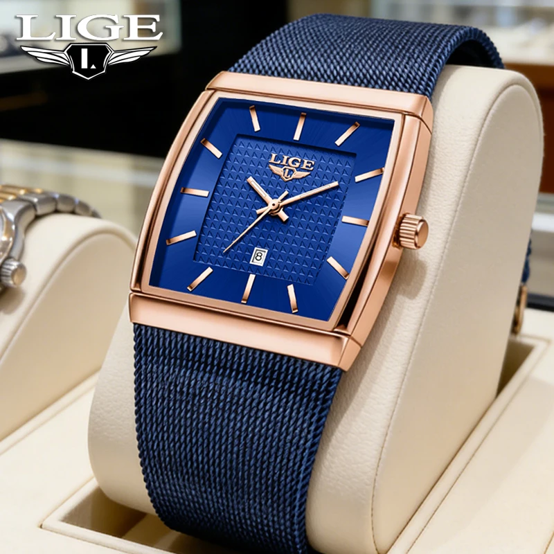 

Мужские часы LIGE: Новинка, модные квадратные, повседневные, люксовые, кварцевые, с сетчатым ремешком, водонепроницаемые, светящиеся, подарок для мужчин, Reloj 2026