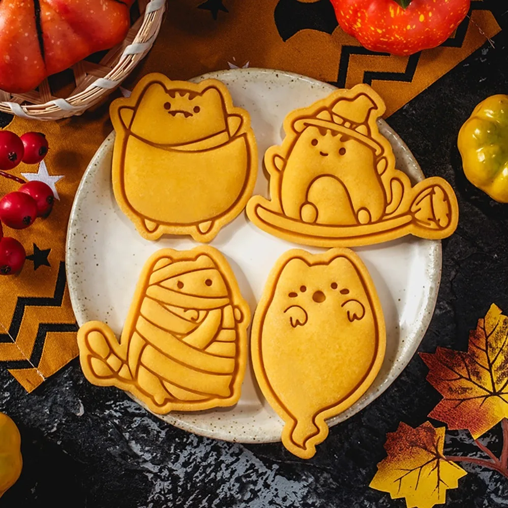 Niedliche Halloween-Katzen-Geister-Ausstechformen, Pressbare Keksform, DIY Küchen-Backzubehör