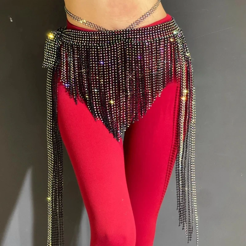 Accessori per la concorrenza di danza orientale di danza del ventre con nappa e catena in vita da donna, per anziani, con diamanti pieni