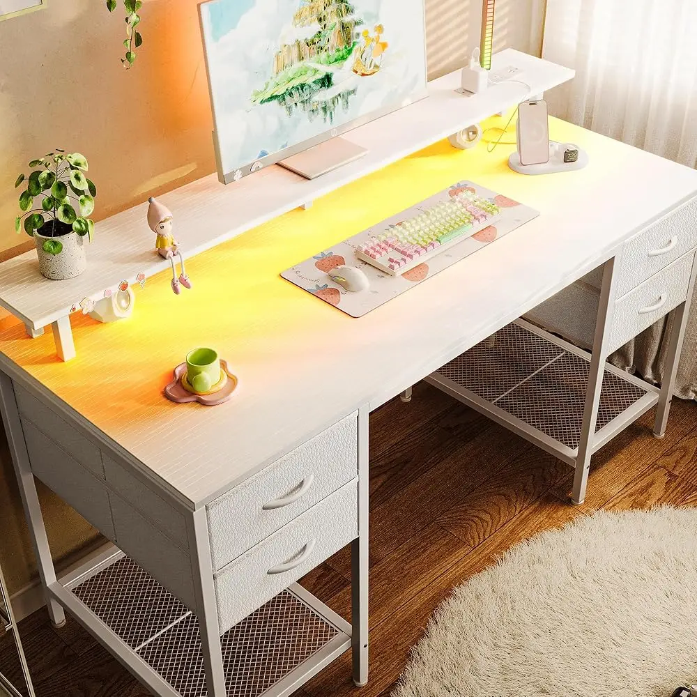 

55 H Computer Desk With 4 Drawers, Gaming Desk With Led Lights & Power Outlets, Home Office Desk With Large Storage Space For
