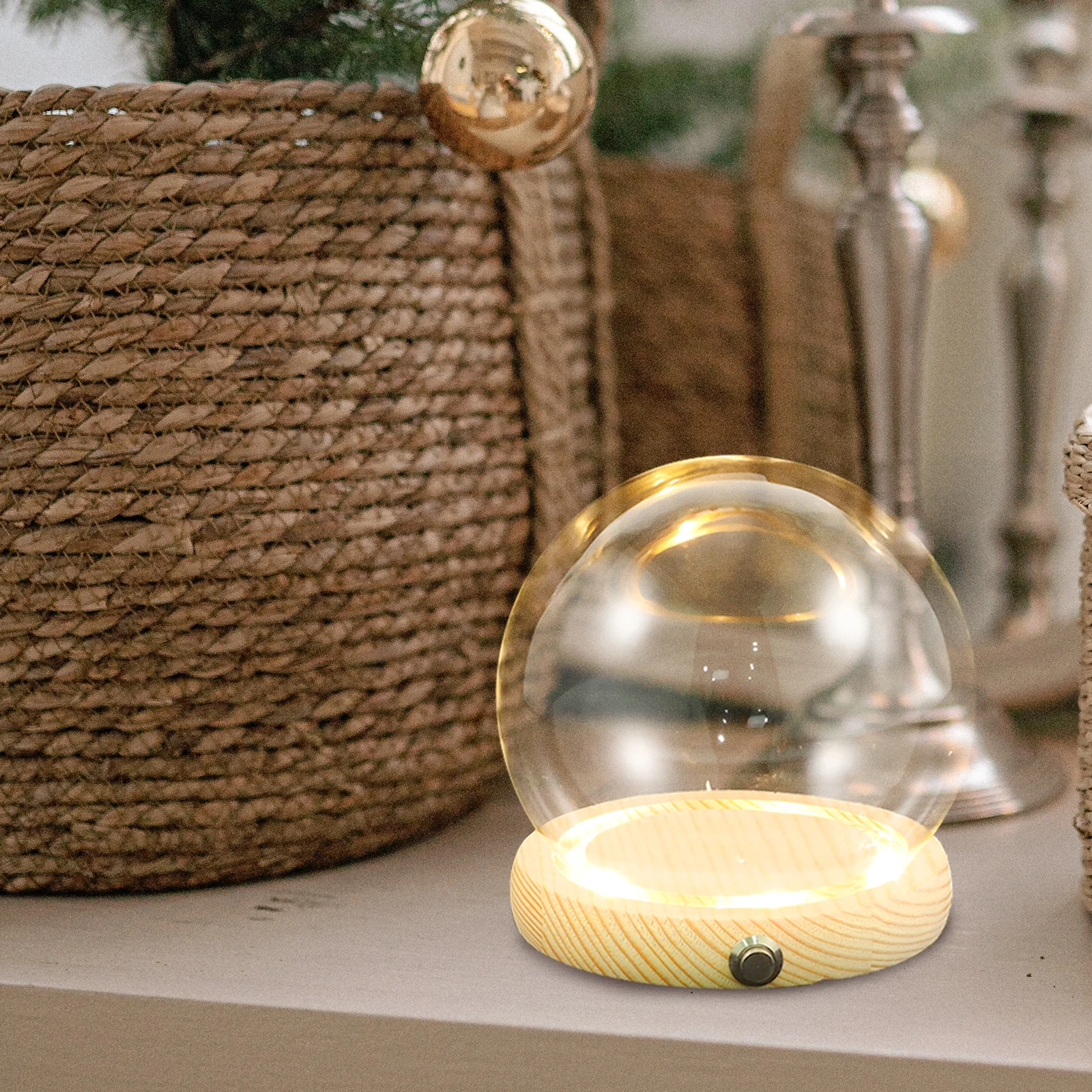 

1 set Luminous Wooden Base Glass Dome Display Case 12cm Globe Cover Transparent Cloche Dustproof Eternal Flower Vase Home Decor