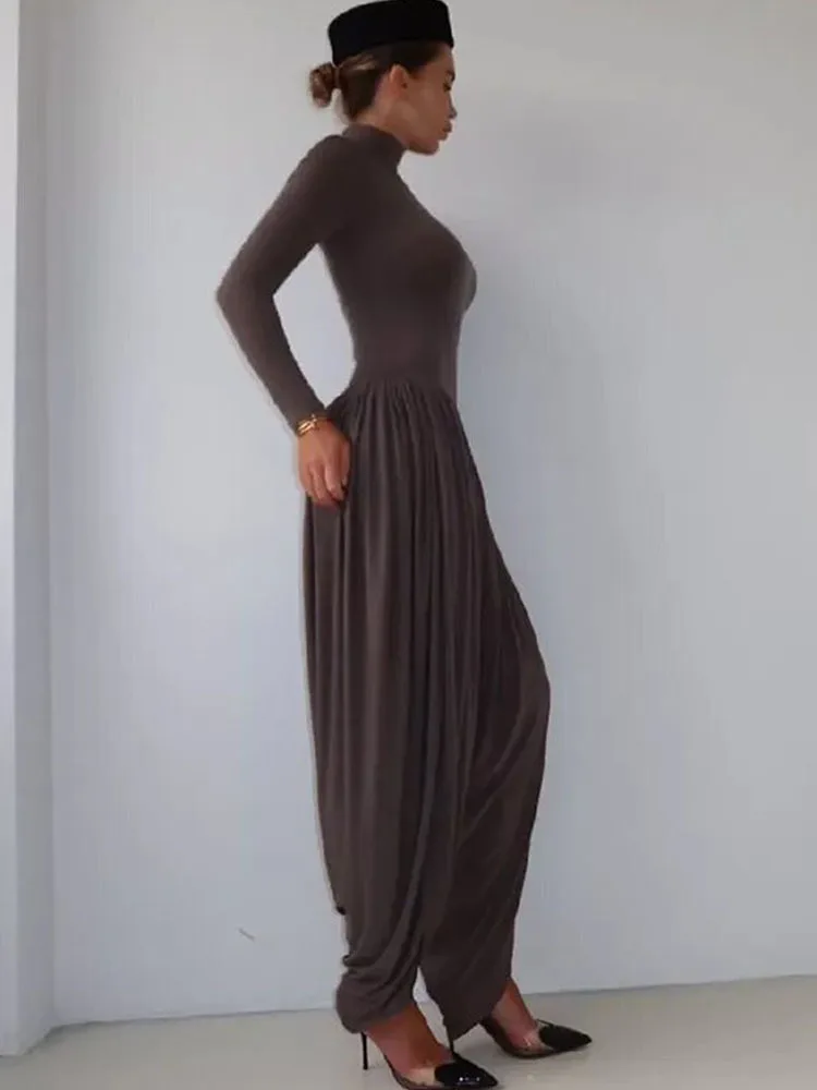 JULISSA MO Rollkragen Langarm Geraffte Frauen Overall Kaffee Patchwork Breite Bein Hohe Taille Herbst Lose Elegante Party Clubwear