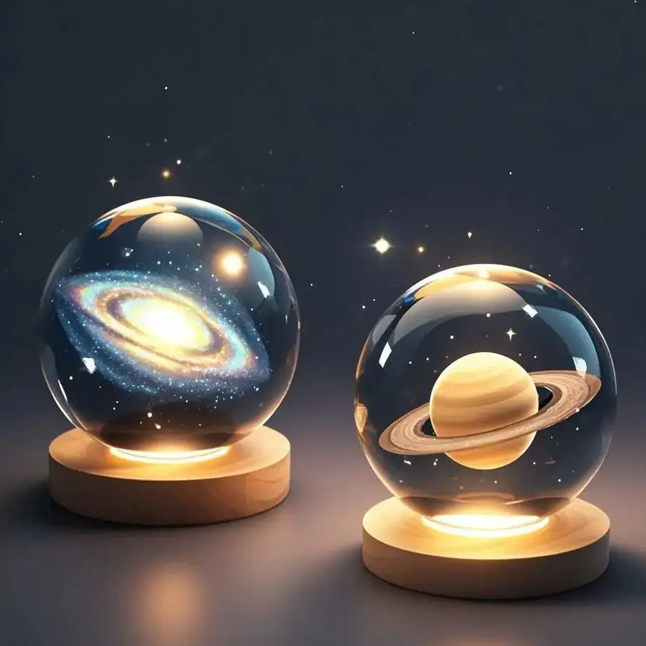 Creative 3D Galaxy Saturn Lamp Crystal Ball Colorful Atmosphere Light Glass Sphere Deer Unicorn Night Light Home Decoration Gift