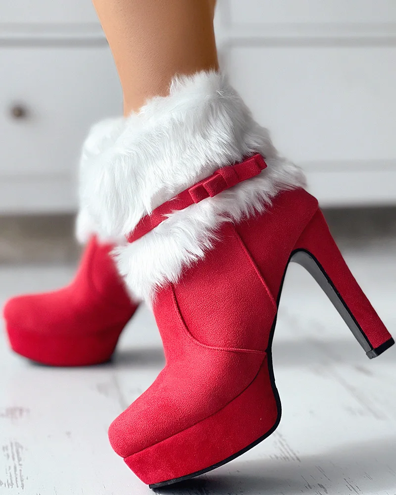 Bowknot Design Stiletto Heel Fuzzy Detail Ankle Boots Suede Contrast Paneled Boots Christmas Party Wear