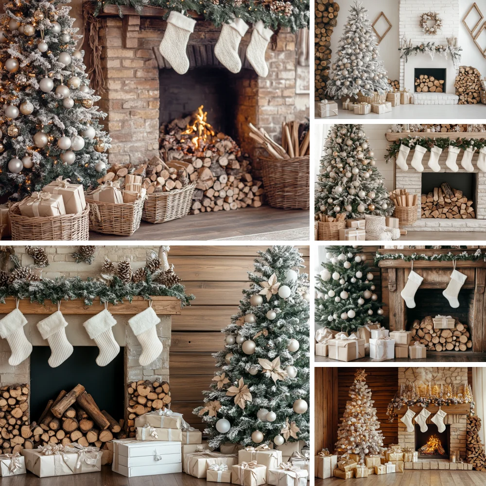 

White Retro Fireplace Christmas Photography Background Interior Fireplace Christmas Trees Backdrop for Kids Family Party Decor