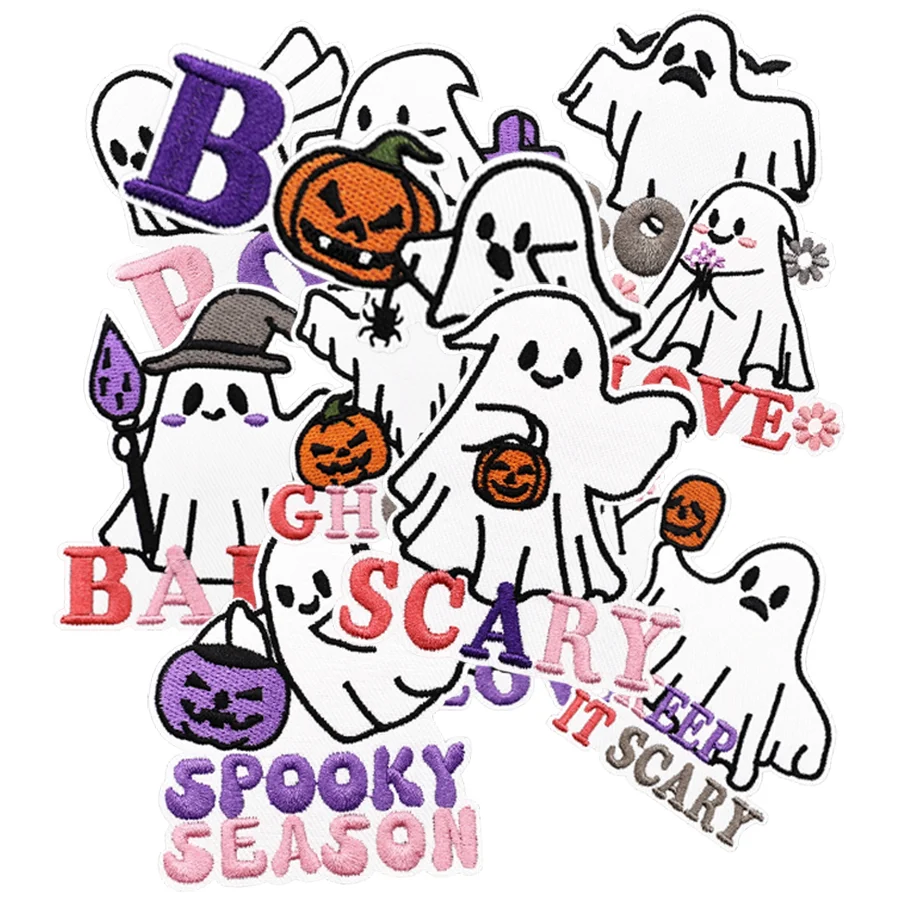 

Хэллоуин вышитый милый мультяшный призрак железная нашивка для толстовок и шапок оптом на заказ