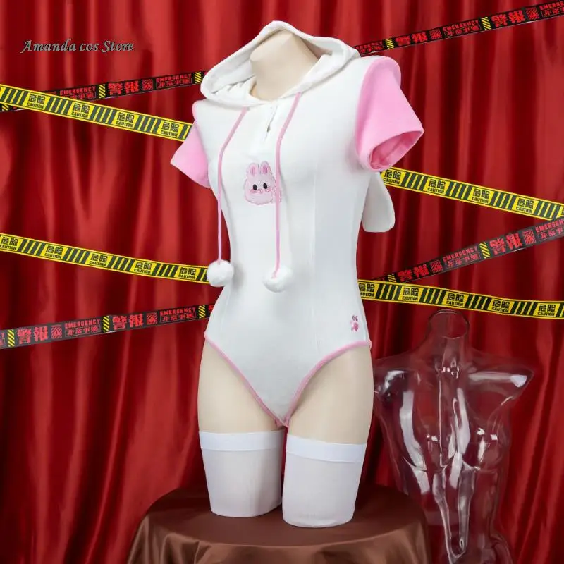 Cute Rabbit Embroidery Printed Hoodie Bodysuit Women Anime Girl Costumes Cosplay Hairball Role Play Underwear Pink Outfit Pajama