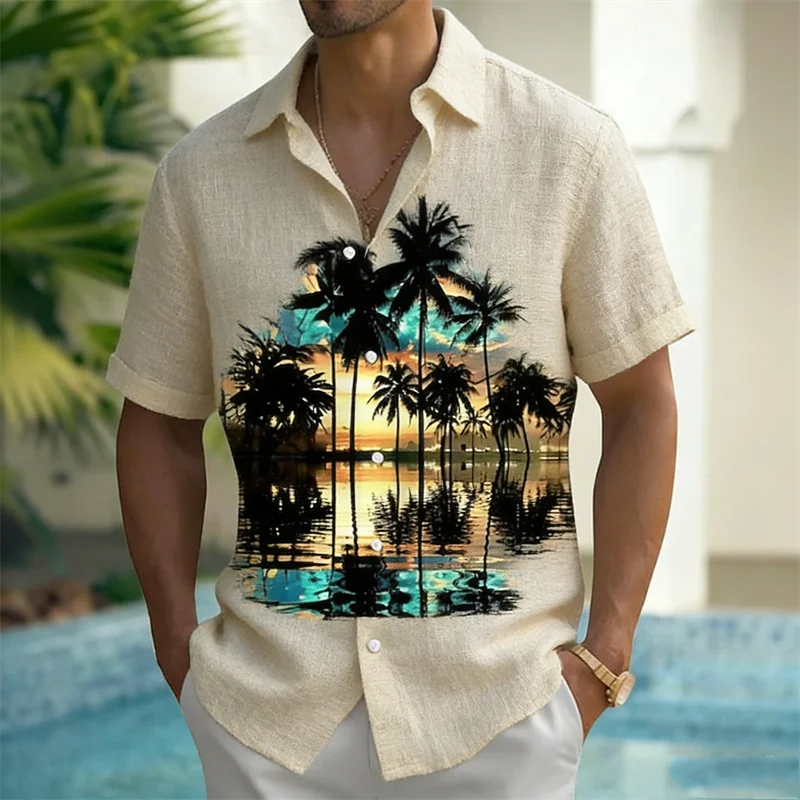 

New Hawaiian style linen 3D coconut tree printed short sleeved shirt for men's beach casual shirt clothing