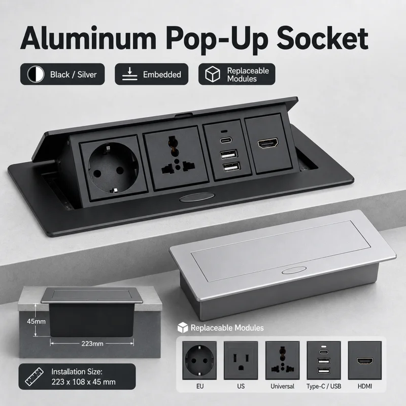 Silver Black Floor Desktop Power Socket EU US Universal Outlet 2/3/4 Plug Type-C USB HDMI Metal Pop Up Embedded Panel For Office