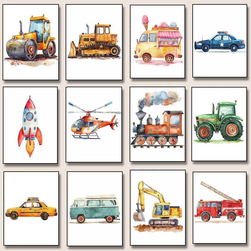 Helicopter Fire Truck Tractor  Airplane Rocket Canvas  Poster Nordic Wall Art Picture Kids Room Nursery Home Decor