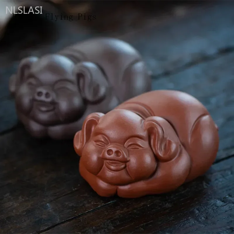 1PCS Yixing Original Mine Purple Mud Tea Pet Bionic Animal Zodiac Pig Crafts Office Desktop Entrance Decoration Gift