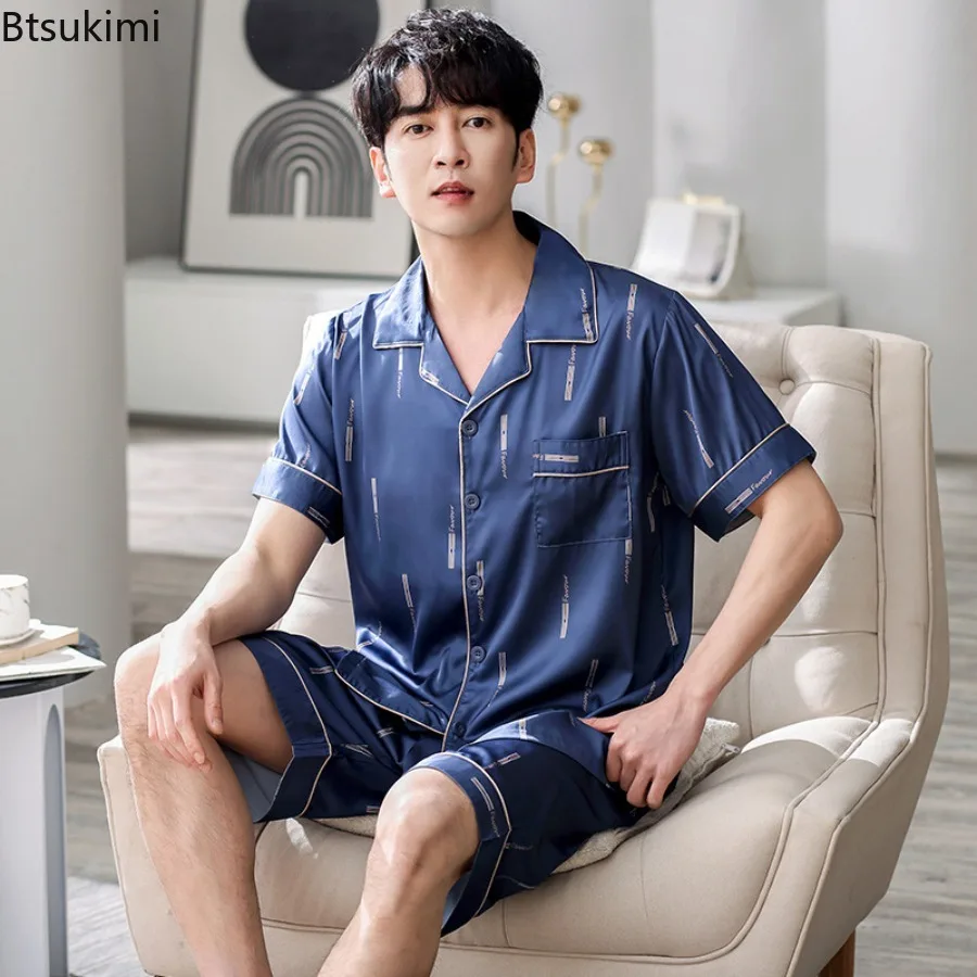 New 2025 Men's Summer Ice Silk Short Sleeved Shorts Two Piece Pajamas Set Thin and High-end Simulation Silk Cardigan Home Wear