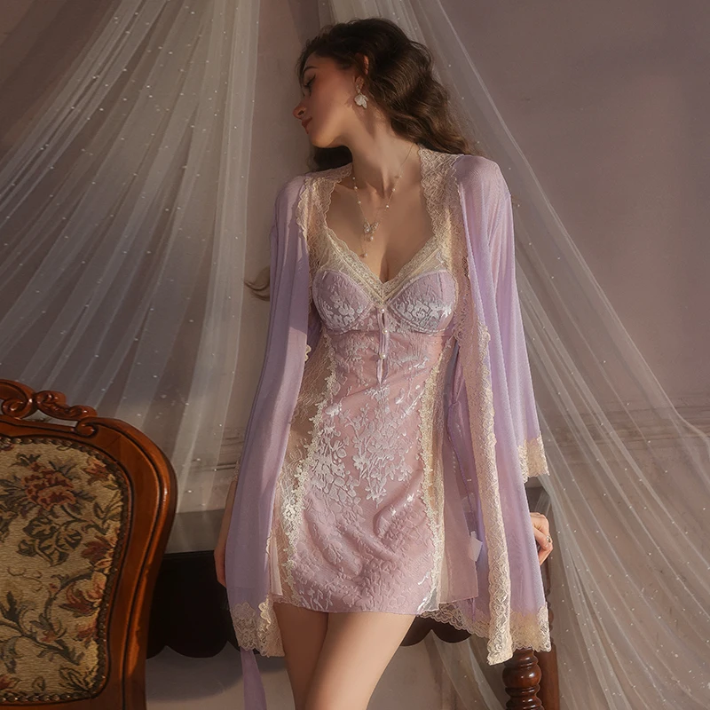 Rose translucide Burn-Out Robe ensemble dentelle femmes Sexy chemise de nuit chemise de nuit dames dos nu Sexy Lingerie sous-vêtements nuisette femme