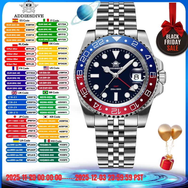 ساعة رجالية من Addiesdive Reloj Hombre BGW9 مضيئة للغاية 316L من الفولاذ المقاوم للصدأ 20Bar مقاومة للماء سويسرية روندا 515-24H GMT ساعة كوارتز