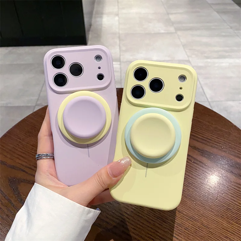 Solid Color Liquid Silicone For Magsafe Phone Case for IPhone 17 16 15 Pro Max Stand Holder Magnetic Wireless Charge Coque Cover