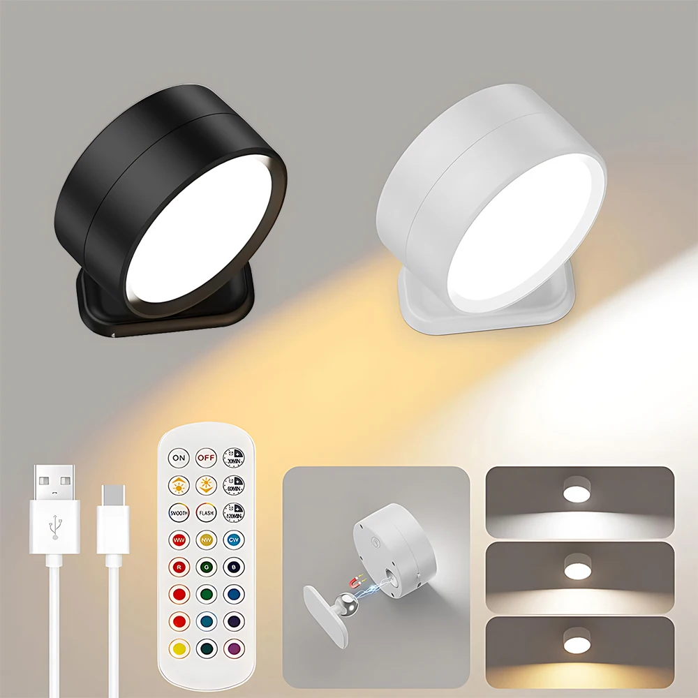 

Rechargeable LED Wall Lights with Remote Magnetic 360° Rotation Mounted Wall Sconces Lamps 3 Color Dimmable for Bedside Reading