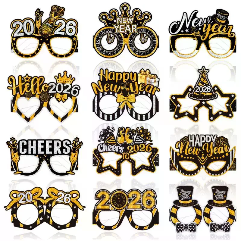 6 قطعة/المجموعة 2026 سنة جديدة سعيدة الذهب الأسود السنة الجديدة ورقة نظارات صور الدعائم
