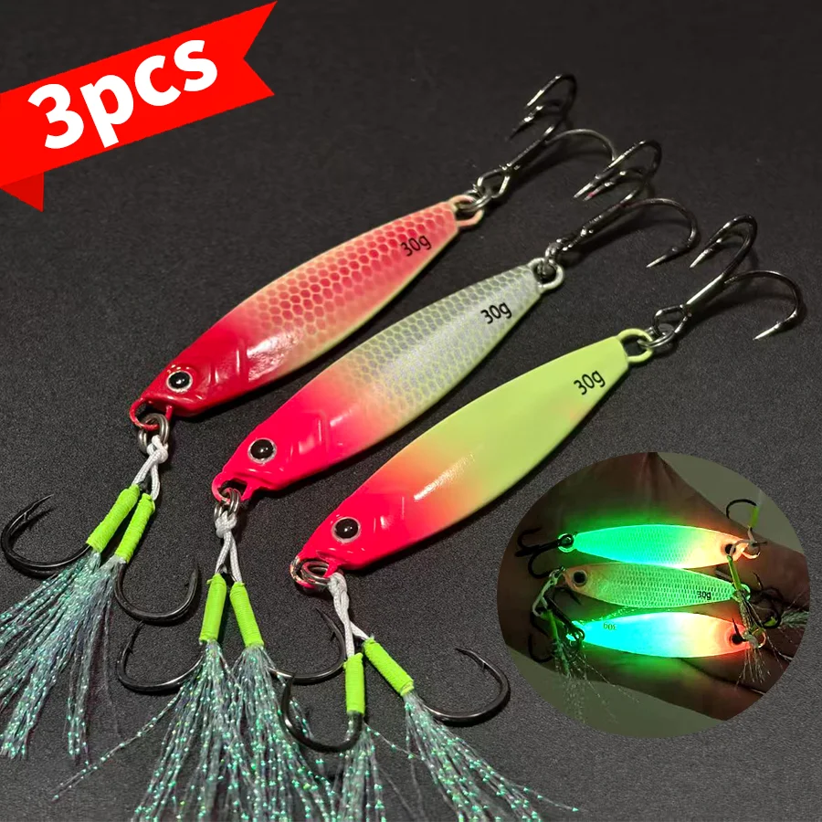 3 pçs 30g luminosa lance distante placa de ferro iscas gancho duplo gabarito pesca marítima cavala espanhola costa fundição brilho iscas de metal