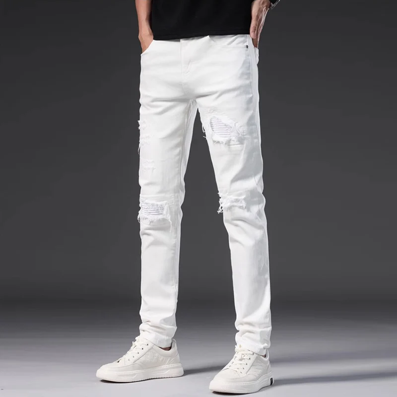 Y2k designer fashion new jeans scratch wash nostalgic stretch slim fit perforated patch white men's jeans retro pants hombre