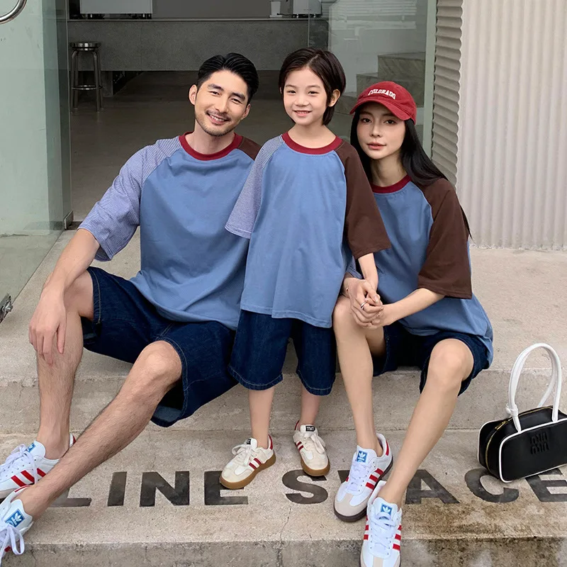 2026 New Summer Family Matching T-shirts Color Block Raglan Sleeve Cotton Short Sleeve Mommy And Me Family Of 3 Casual Tops