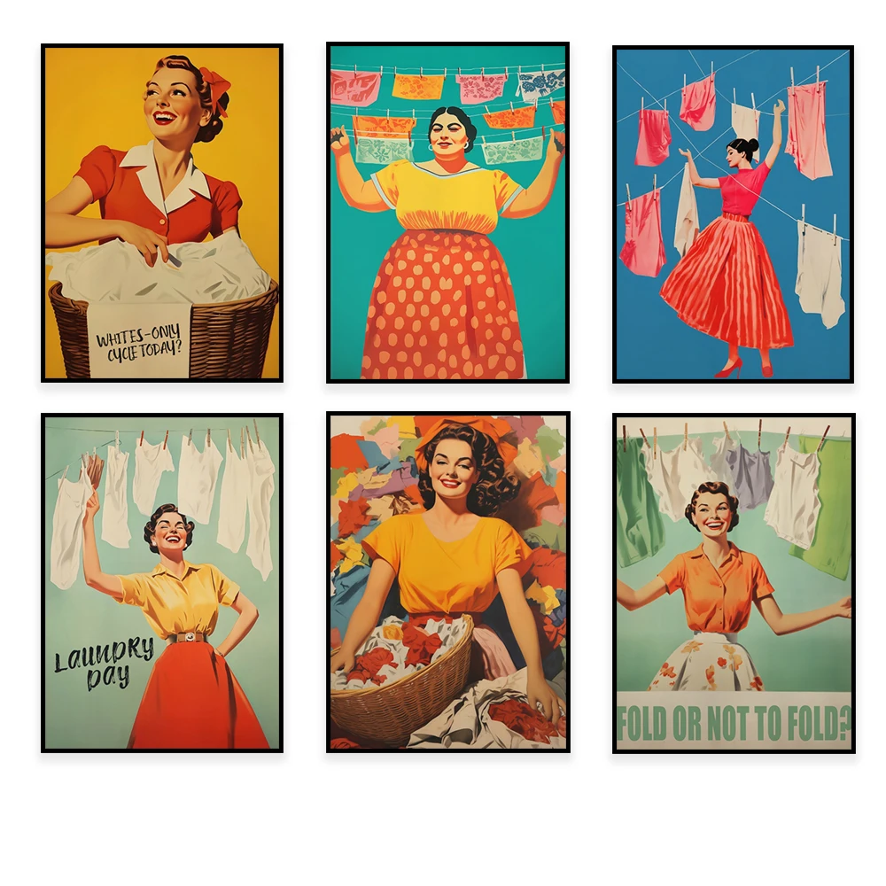 Laundry Day Print Happy Housewife Poster, Fun Laundry Room Art, Art Utility Room Bathroom Wall Decor Print 50s Style Poster