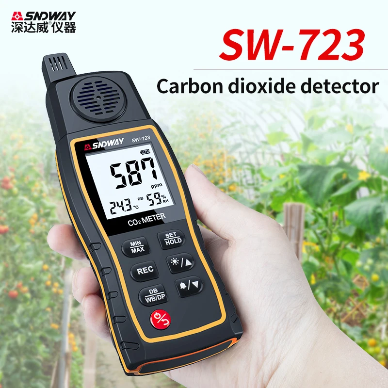 SNDWAY cyfrowy miernik CO2 SW-723 detektor dwutlenku węgla ręczny 0-9999PPM przemysłowy/domowy 3w1 Tester termohigrometr