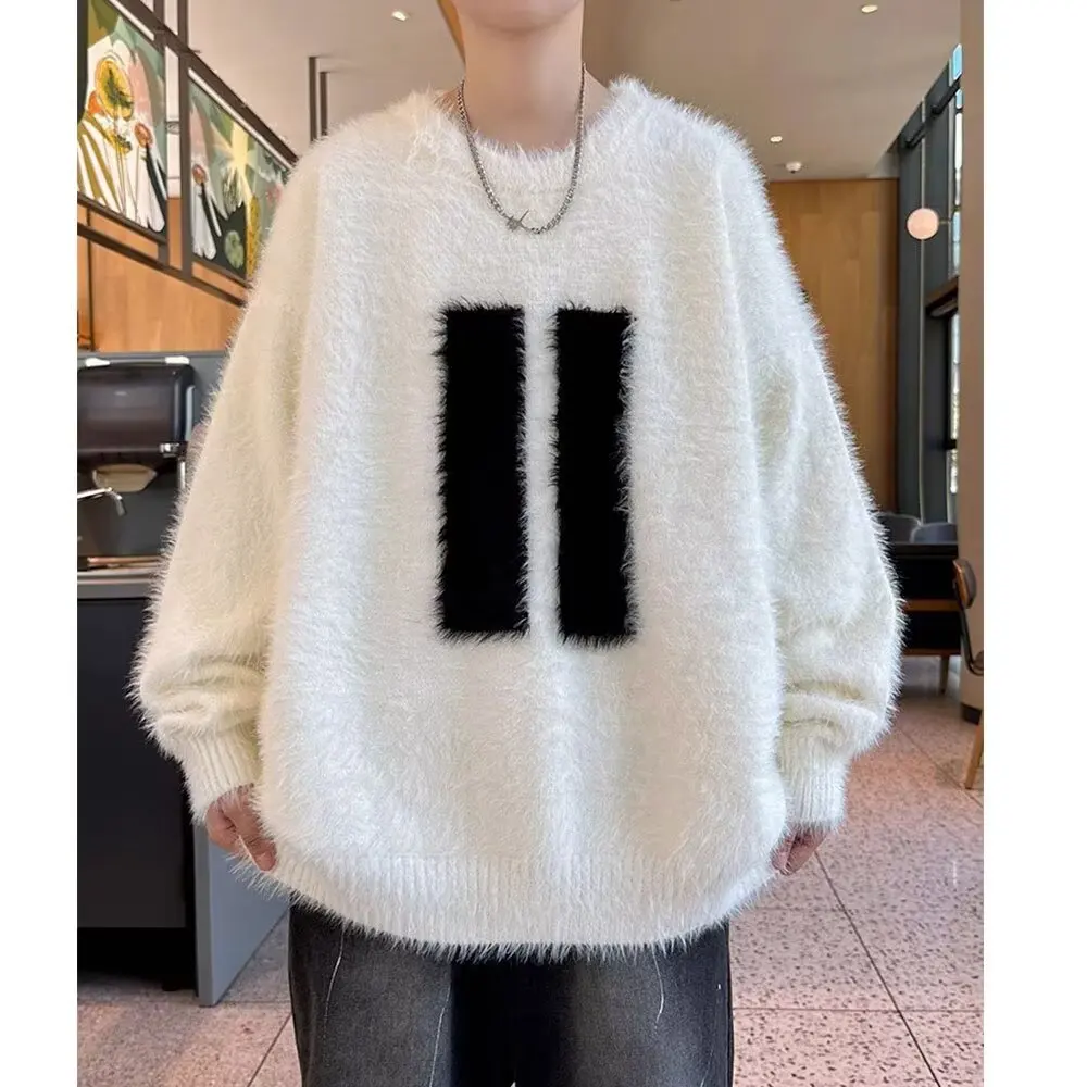 Suéter jacquard adolescente imitação de lã de vison, novo estilo para meninos no outono e inverno, base larga solta, malha