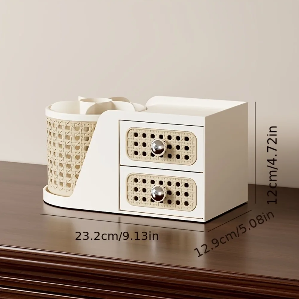 Mid-Century Modern Desk Organizer with Drawers Rattan Style Cosmetic Makeup Brush Holder for Office Home Vanity Storage Box 1pc view 6