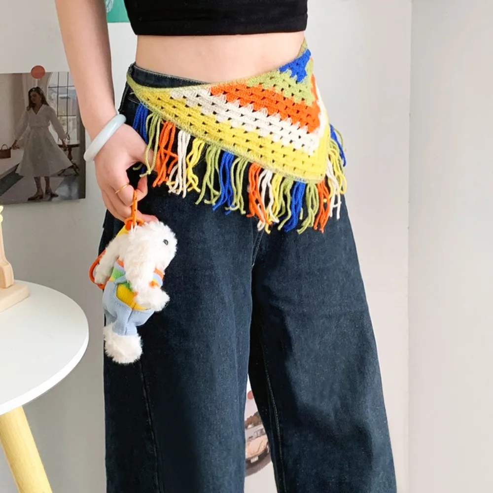 

Bohemian Turban Knitted Triangle Headscarf Cummerbund Colorful Ethnic Style Waist Band with Fringe Scarves Hip Scarf Female
