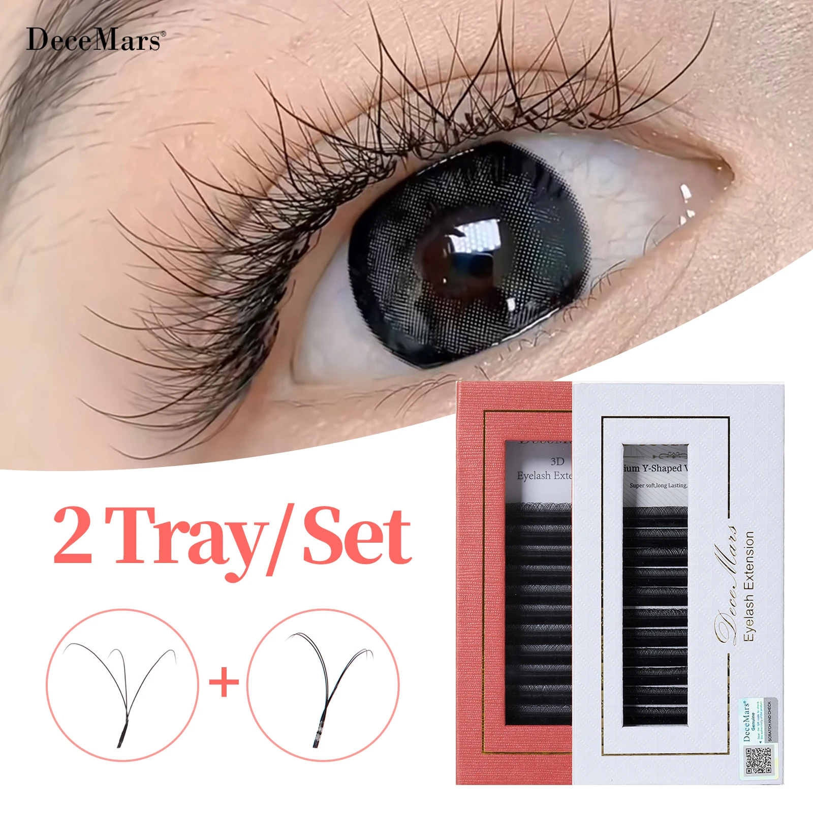 DeceMars 2 Trays/Set 3D W-förmige Wimpernverlängerungen & Y-förmige Cluster-Wimpern für natürlichen DIY-Effekt