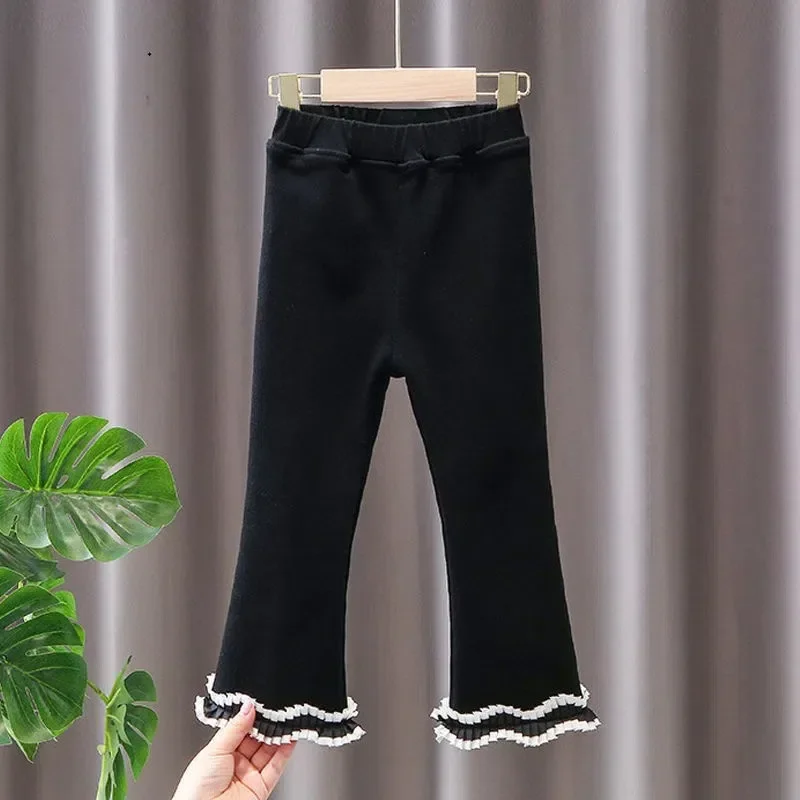 Girls' Bell Bottom Pants Thick Warm Flare Trousers with Lace Trim for Spring/Autumn/Winter Kids Clothes
