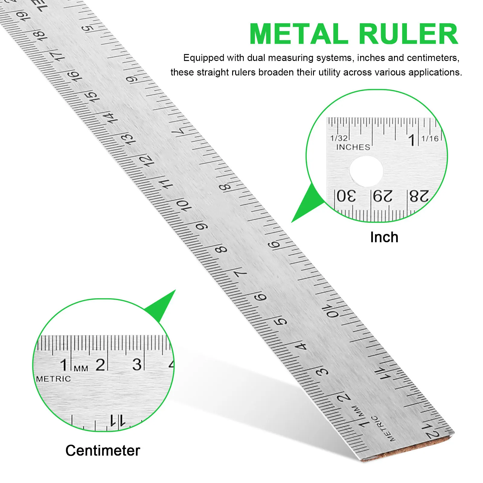 2Pcs Stainless Steel Measuring Rulers Cork Underside Nonslip Grip Straight Edge Ruler Inches Centimeters 15Cm 30Cm Students
