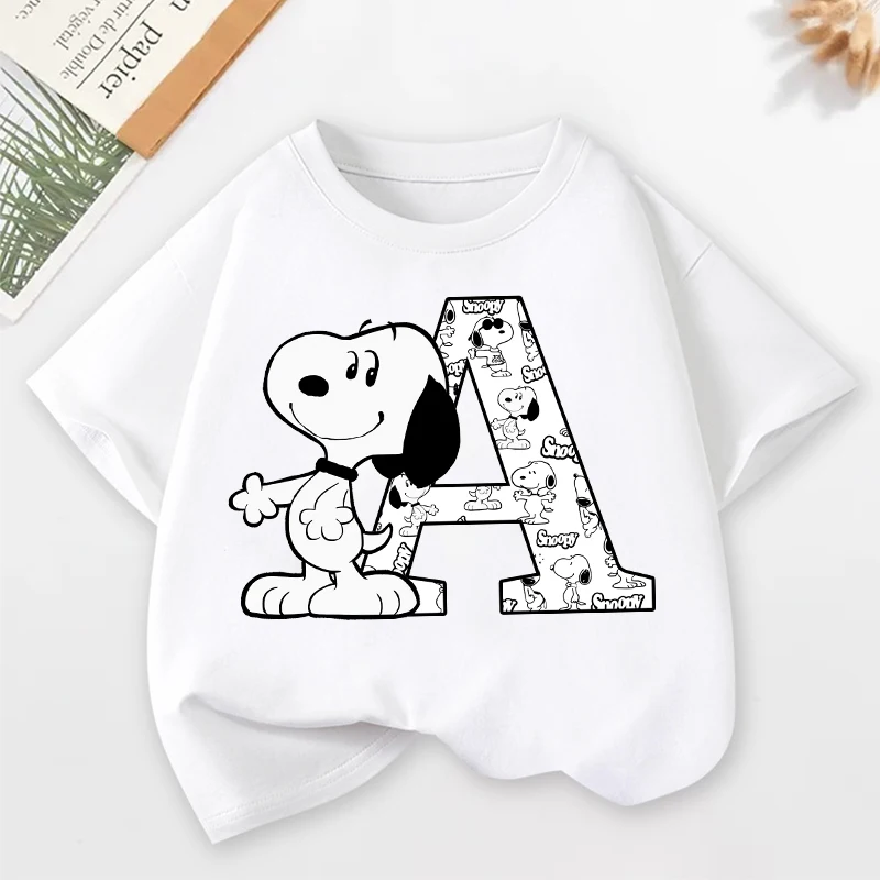 Child Short Sleeve T-Shirt Snoopys Anime Letter Print Pullover Boys Girls Kawaii Summer Casual Crew Neck Tops Kids Birthday Gift