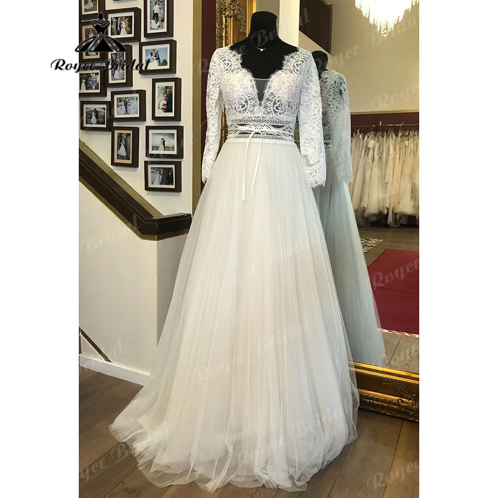 Elegant Boheme Long Sleeve Lace Bodice Soft Tulle Boho A Line Wedding Dress with V Neck 2023 Wedding Gowns for Bridal Beach Sexy