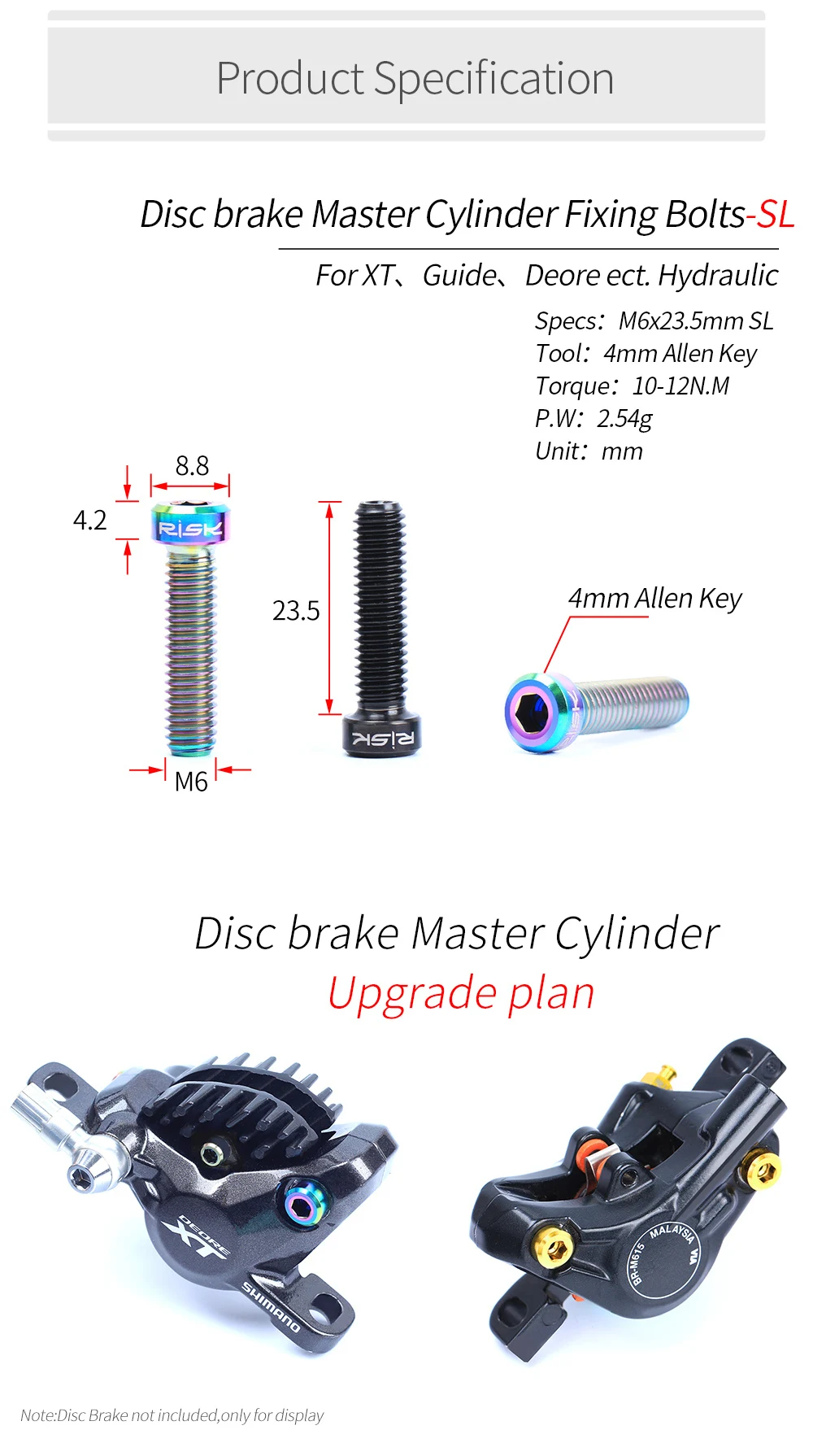 RISK 2pcs MTB Bike Disc brake Caliper Bolts Titanium Alloy M6*23.5mm Bicycle Screws Hollow for DEORE