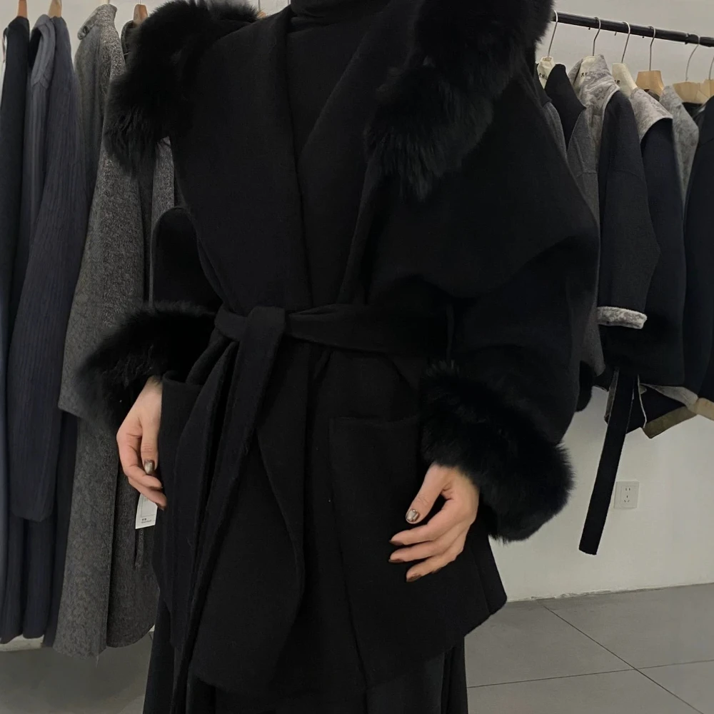 OFTBUY Kurzer Wollmantel mit Gürtel und Echtem Pelzkragen, Modische Lässige Wolljacke mit Natürlichem Fuchspelz, Neue Winterbekleidung für Damen – Detail 10