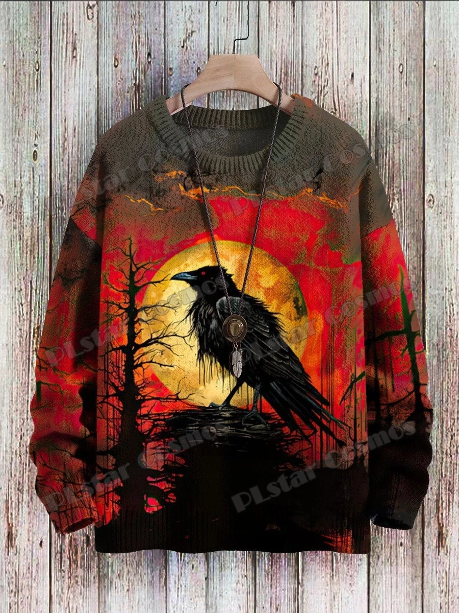 Moon Raven Art & Retro Eagle Pattern 3D Printed Men's Knitted Pullover Winter Unisex Casual Warm Knit Pullover Sweater ZZM77