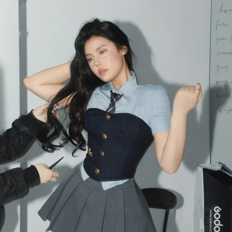 Koreanische heiße Mädchen jk Uniform Frauen y2k japanische Korsett Tube Top Weste Kurzarmhemd Falten rock Anzug Schuluniform sexy