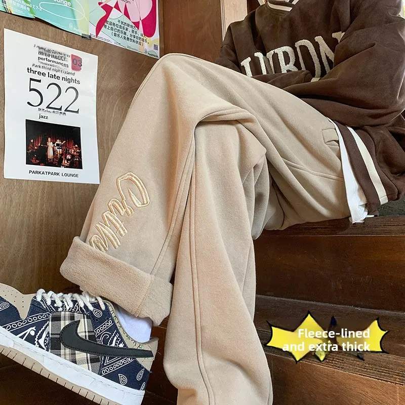 

Men's Fce Lined Thiened Warm Straight Leg Casual Pants Autumn Winter Faion Street Sport Trousers Loose Fit Comfortable