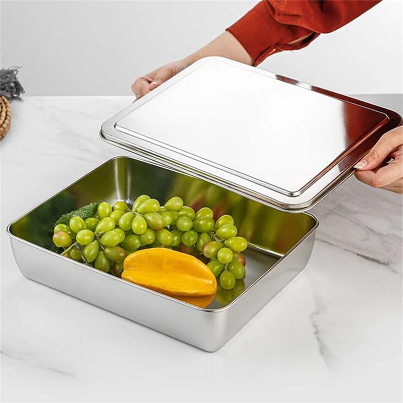 Rectangular Serving Storage Trays Stainless Steel Tiramisu Tray with Lid Deepen Cake Baking Pan Food Plate Kitchen Utensils