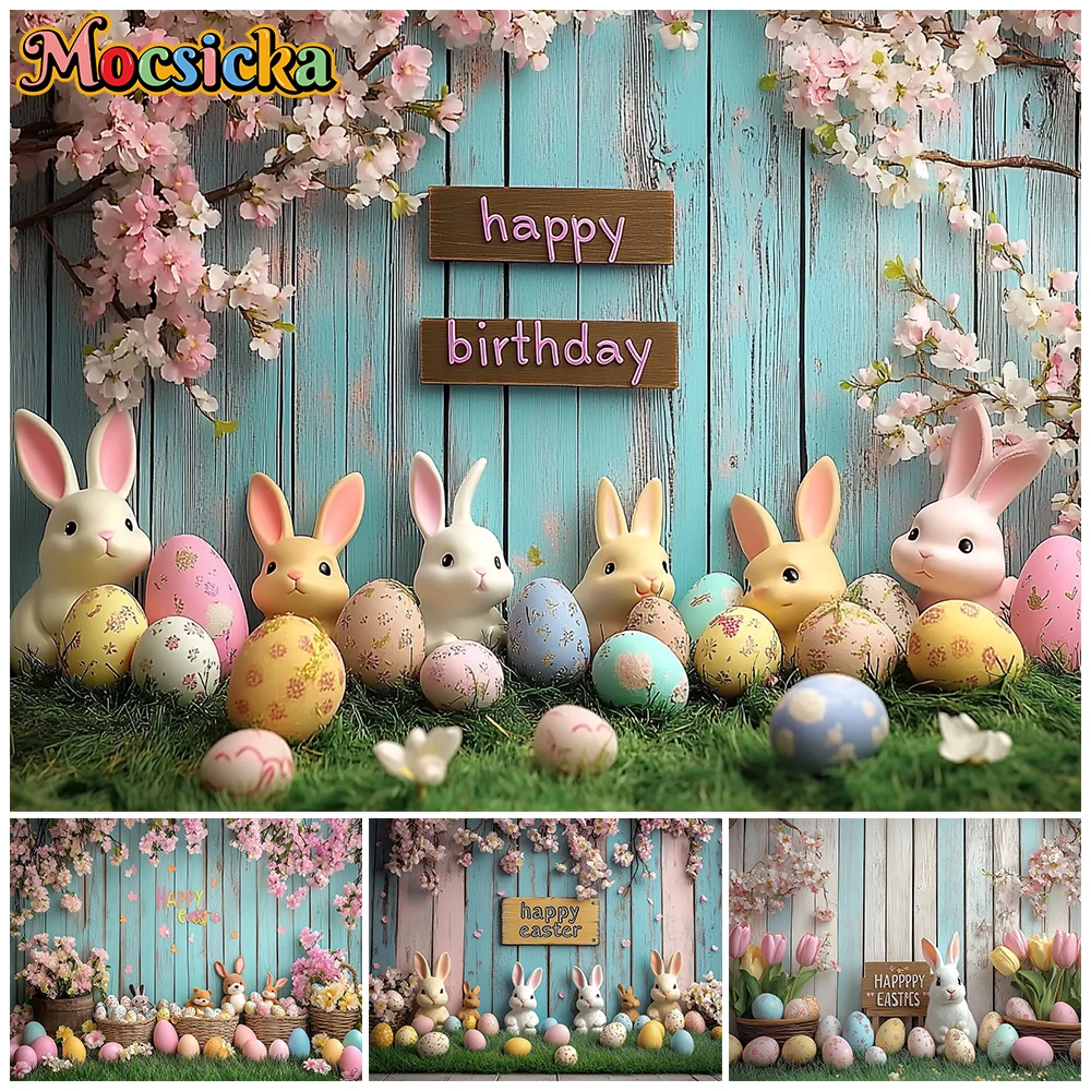 

Mocsicka Happy Birthday Photography Background Easter Spring Rabbit Party Decors Baby Shower Portrait Backdrop Studio Wallpaper