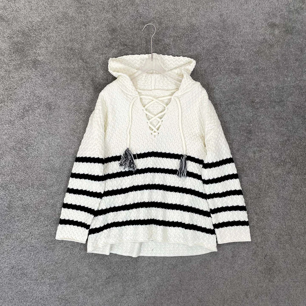 New Spring 2024 Women Sweater Y2k Striped Drawstring Hooded Knit Long Sleeve Witch Hood Pullover Top Can Match Irregular Skirt