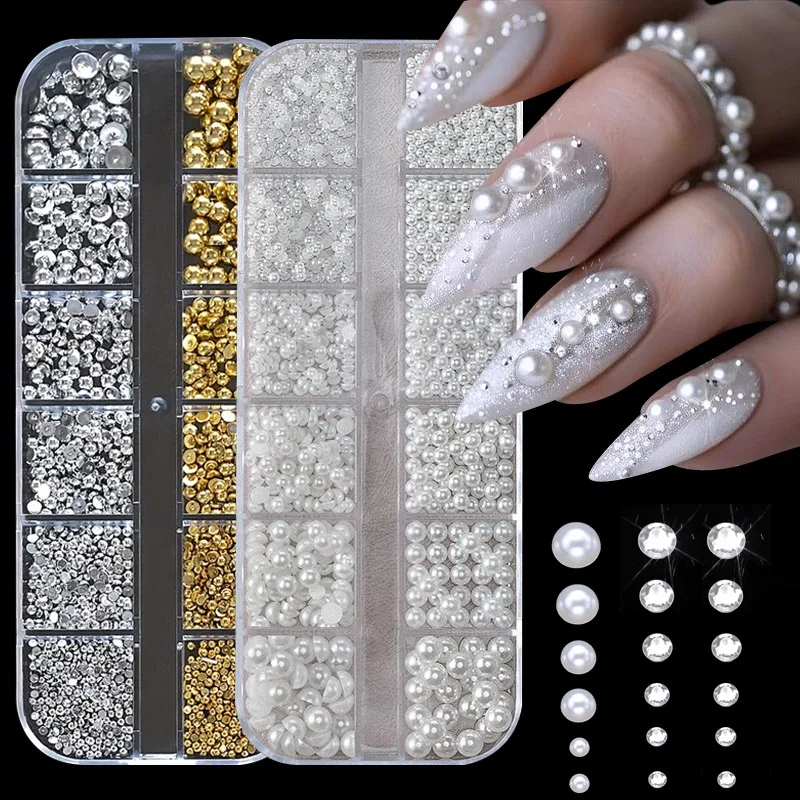 12 グリッド光沢のあるクリアクリスタル宝石ネイルチャーム 1.5-5 ミリメートル混合パールガラスストーン売春ネイルラインストーンダイヤモンドマニキュア DIY