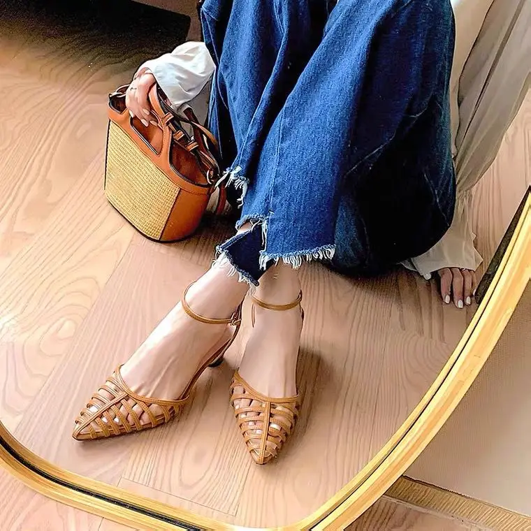 2022 Summer Pointed Toe Hollow Women Shoes Fashion Women Leather Slingbacks Pumps Wedding Bridal High Heeled Shoes