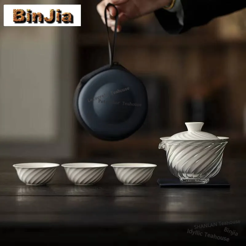 

Grass Ash Spiral Pattern Travel Tea Set Kit Ancient 1 Pot 3 Cups Tea Brewing Organizer Portable Outdoor Tote Bag Collection Gift