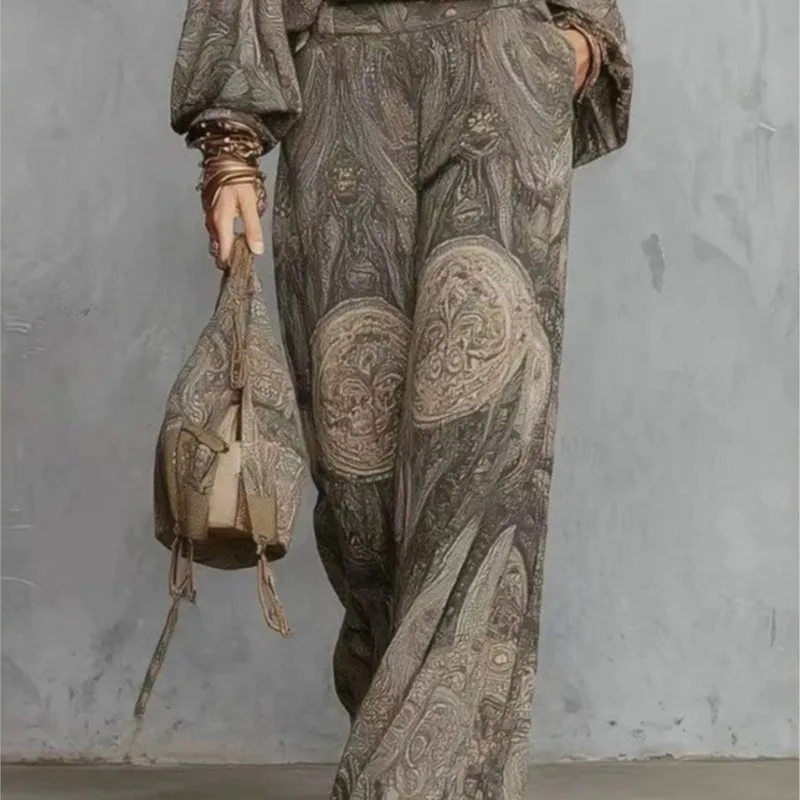 Boho Paisley Print Two-Piece Set for Women Sexy V-Neck Long Sleeve Blouse Top Wide Leg Pants Summer Casual Loose Suit Female Set view 3