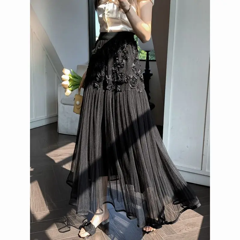 

French Style Woman Skirt Elegant Three Dimensional Floral Mesh Skirt Women 2025 Summer High Waisted Pleated Skirt