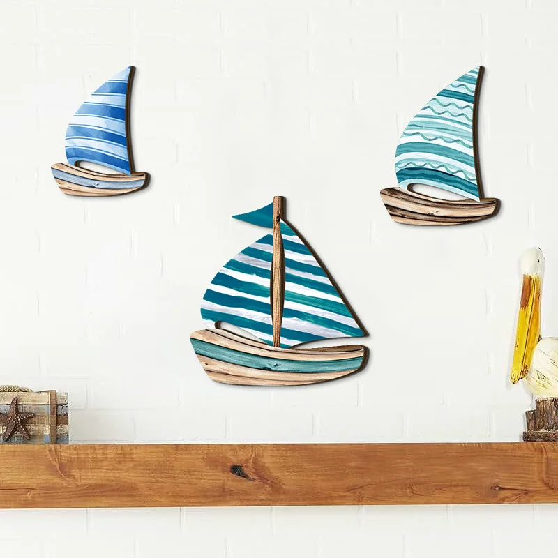 3pcs/set Summer Wooden Sailboat Wall Hanging Decor for Home Coastal Beach Theme Wood Craft Wall Art Home Decor