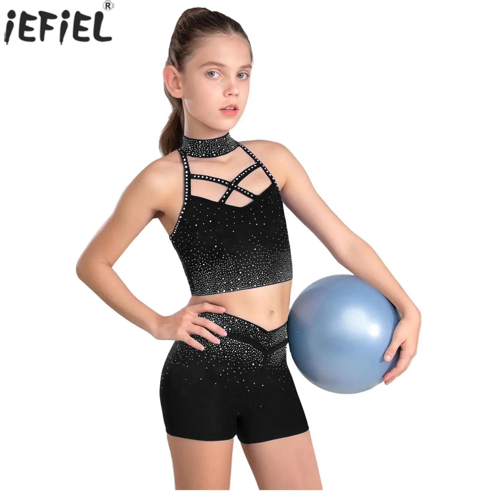 Girls Gymnastic Ballet Dance Costume Halter Sleeveless Rhinestone Crop Top+Shorts for Figure Skating Acrobatics Yoga Performance